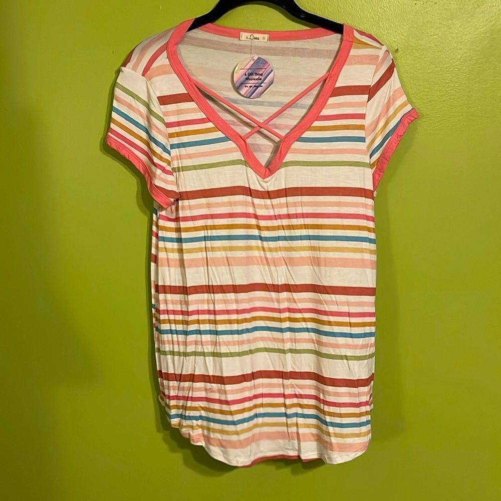 NWT E. Luna Multicolor Stripe Stretch Tee Shirt Size S